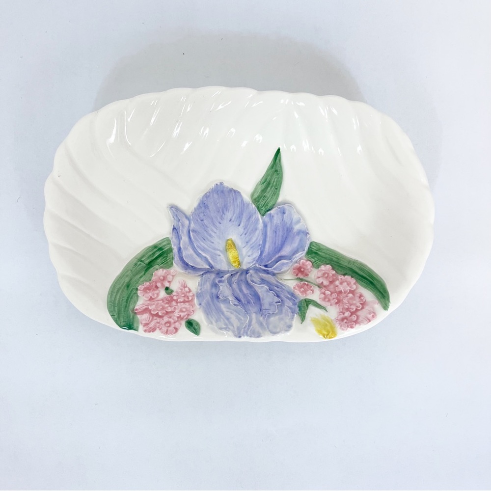 Vintage Otagiri Mary Ann Baker Soap Dish Purple Iris & Pink Flowers Japan